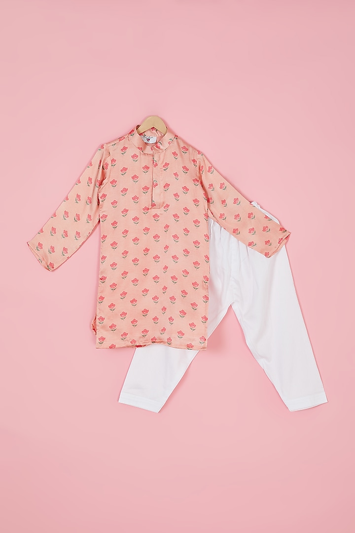 Blush Pink Modal Satin Printed Kurta Set For Boys by The Plum Bum at Pernia's Pop Up Shop