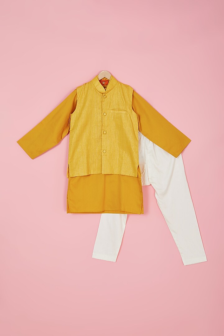 Mustard Cotton Lurex Nehru Jacket Set For Boys by The Plum Bum