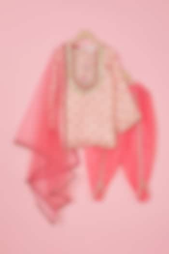 Blush Pink Modal Satin Printed Kurta Set For Girls by The Plum Bum