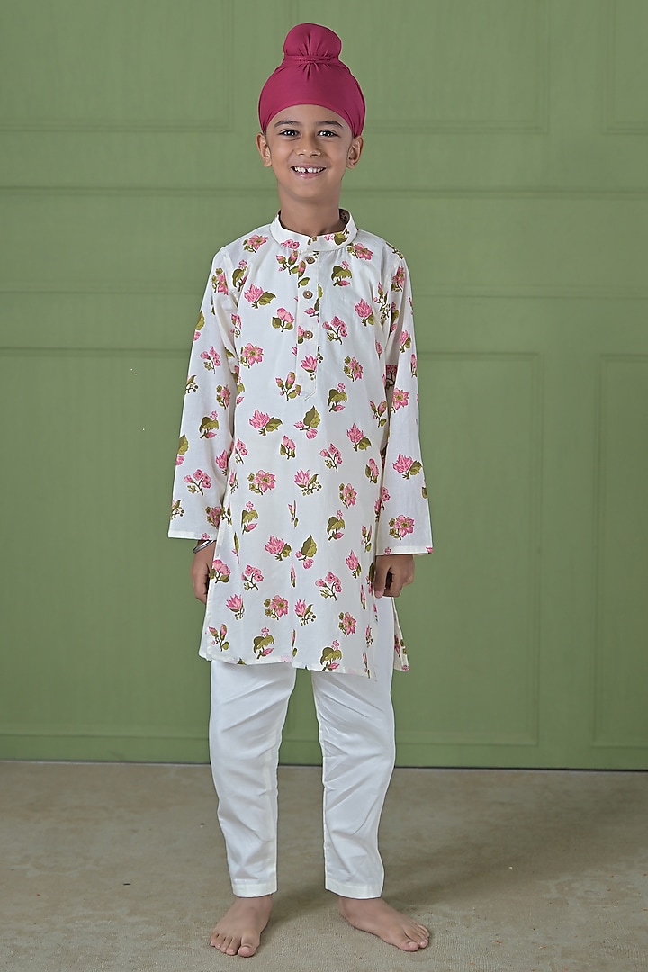 Pink Cotton Floral Printed Kurta Set For Boys by The Plum Bum at Pernia's Pop Up Shop