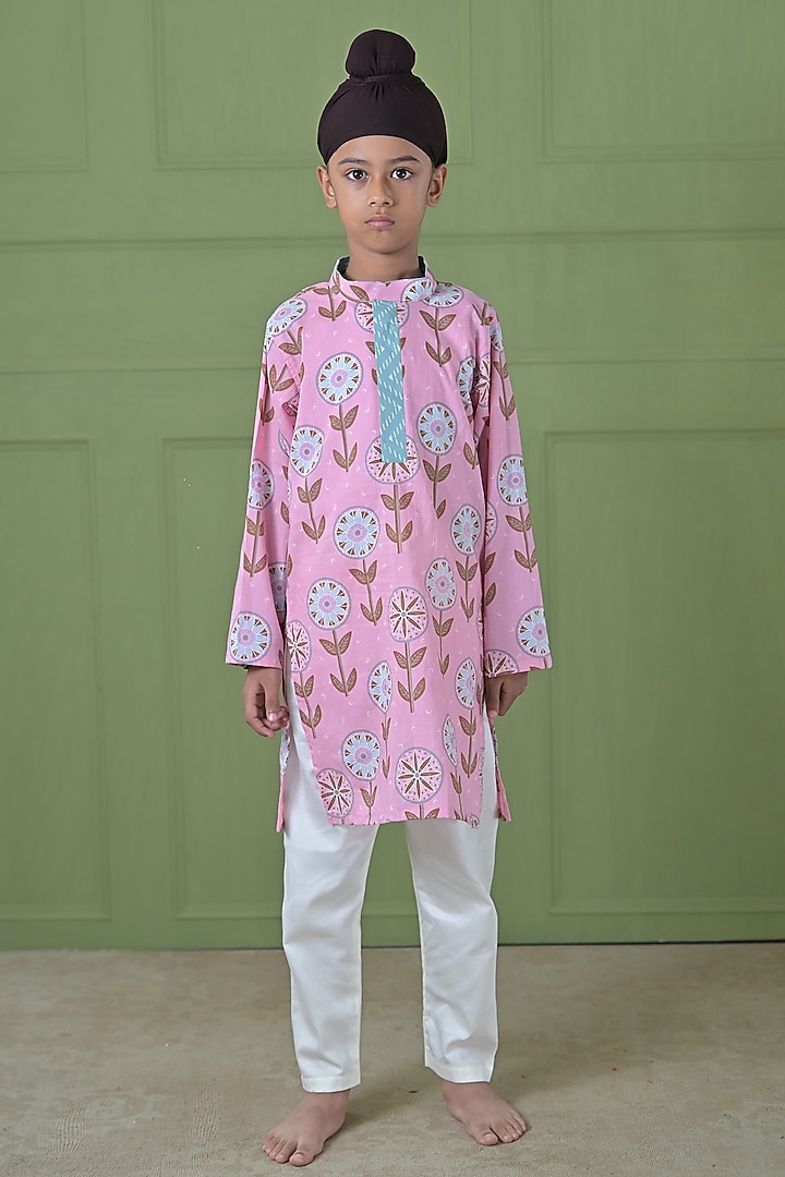 Pink Cotton Bold Floral Printed Kurta Set For Boys by The Plum Bum at Pernia's Pop Up Shop