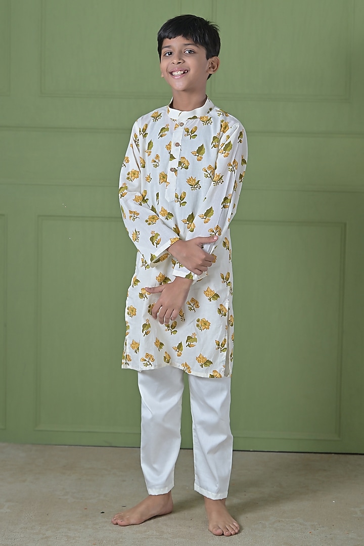 Yellow Cotton Floral Printed Kurta Set For Boys by The Plum Bum at Pernia's Pop Up Shop