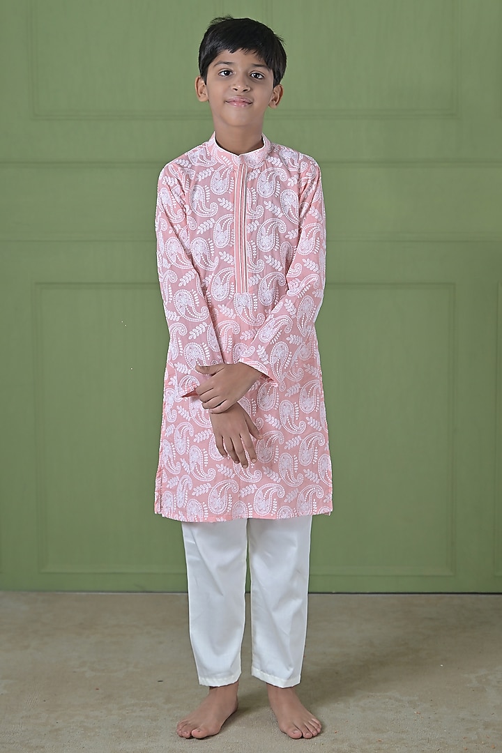 Peach Cotton Threadwork Kurta Set For Boys by The Plum Bum at Pernia's Pop Up Shop