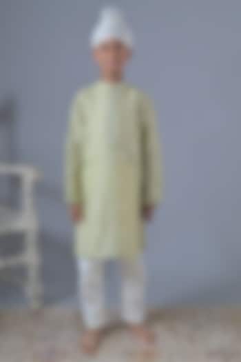 Green Cotton Linen Small Motif Embroidered Kurta Set For Boys by The Plum Bum at Pernia's Pop Up Shop