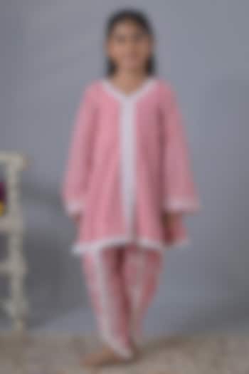 Pink Cotton Threadwork A-Line Kurta Set For Girls by The Plum Bum at Pernia's Pop Up Shop