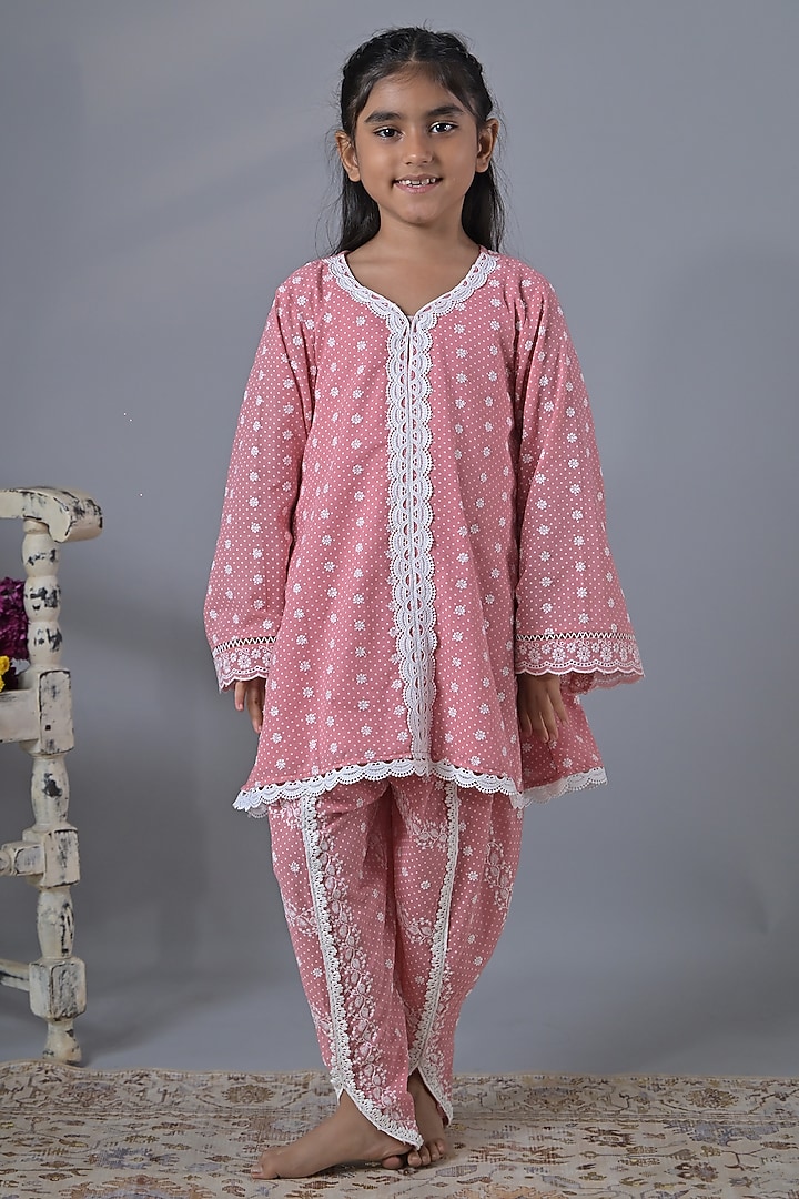 Pink Cotton Threadwork A-Line Kurta Set For Girls by The Plum Bum at Pernia's Pop Up Shop