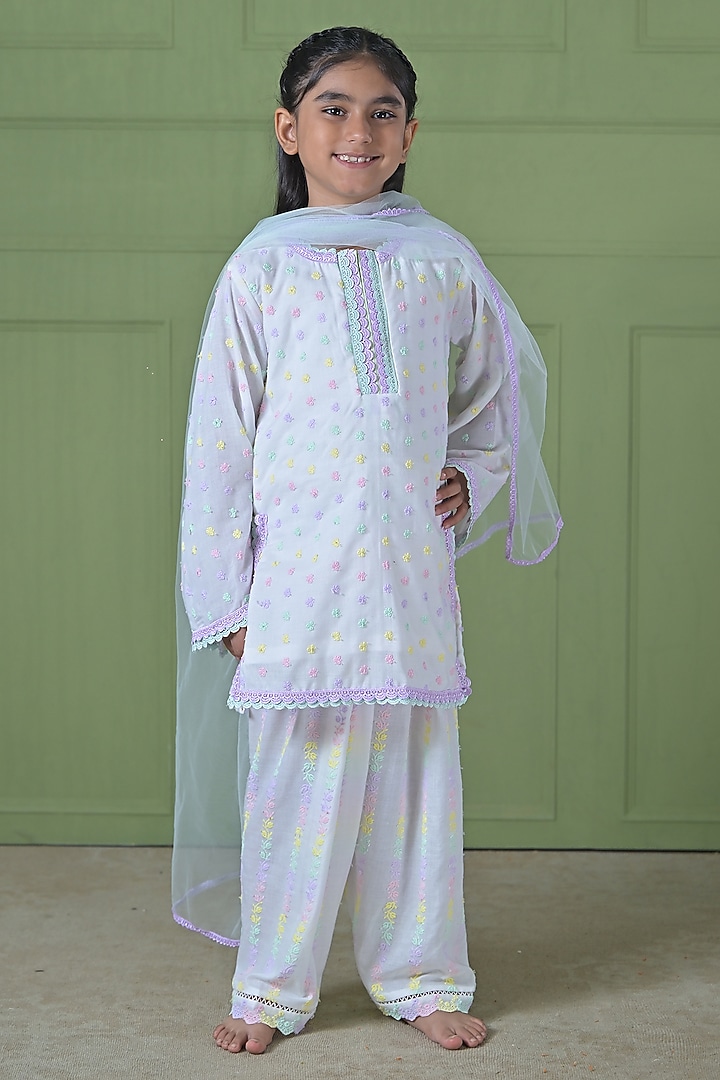 White Cotton Rayon Embroidered Kurta Set For Girls by The Plum Bum at Pernia's Pop Up Shop