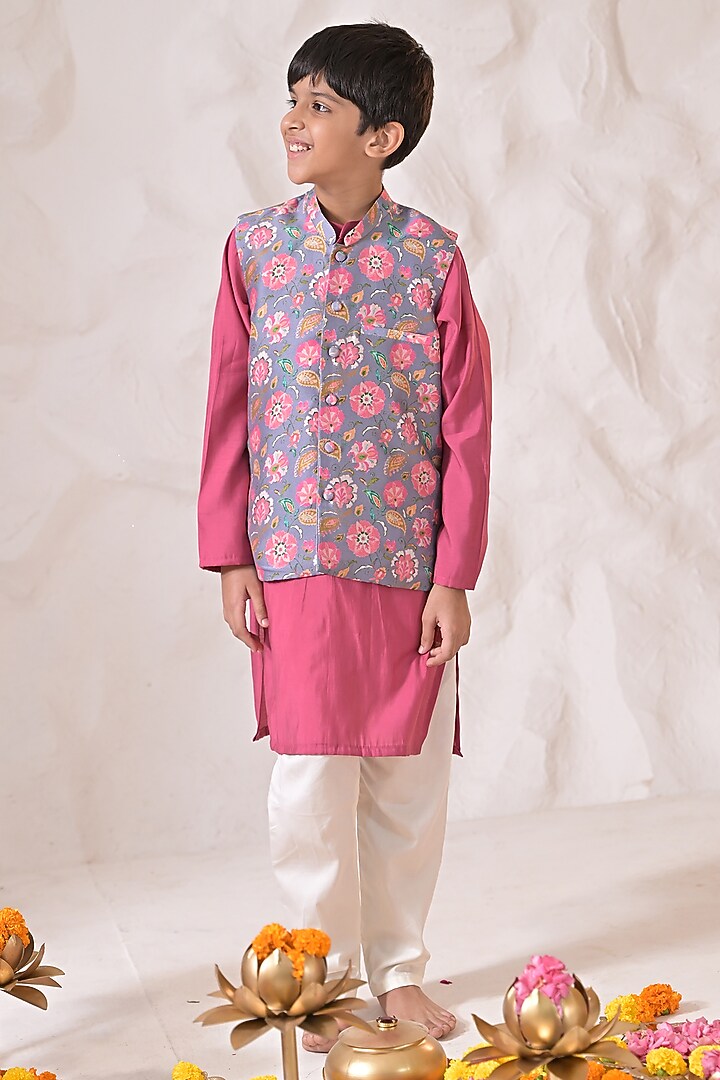 Grey Chanderi Floral Nehru Jacket Set For Boys by The Plum Bum