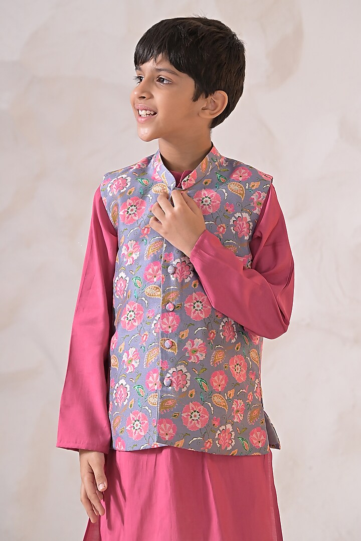 Grey Chanderi Floral Nehru Jacket Set For Boys by The Plum Bum at Pernia's Pop Up Shop