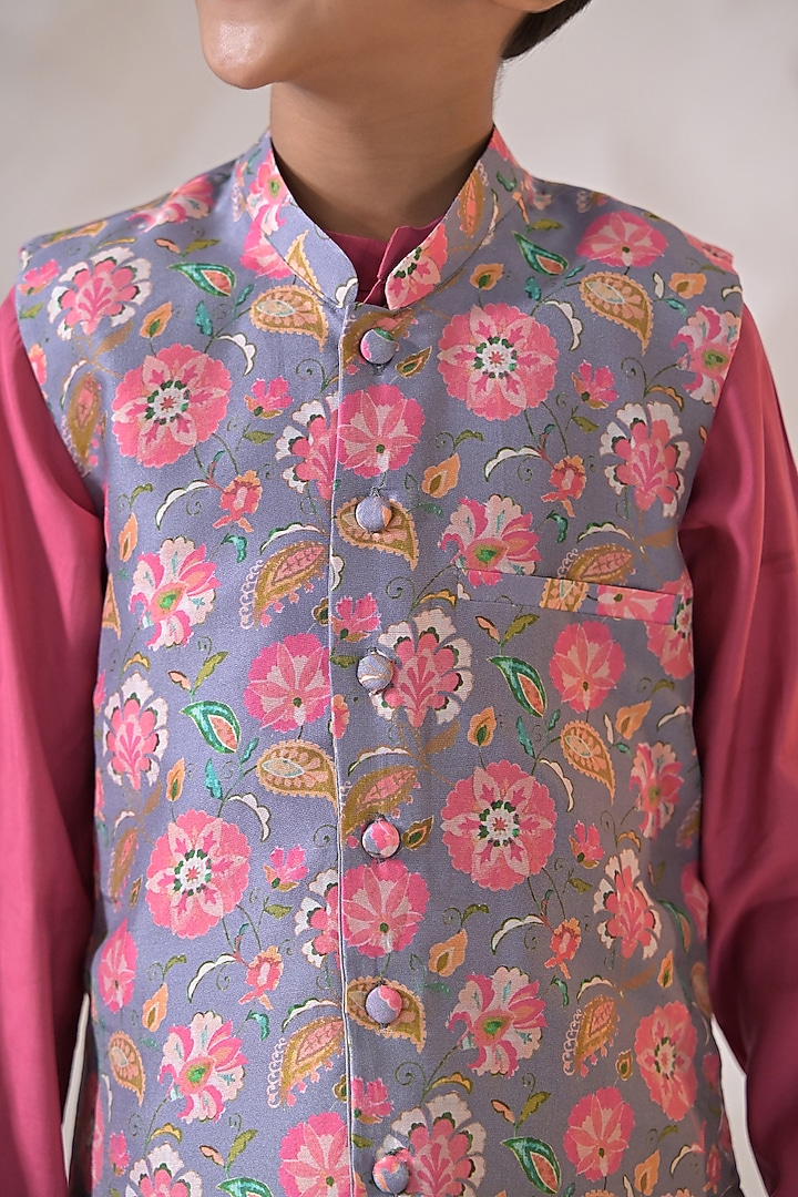 Grey Chanderi Floral Nehru Jacket Set For Boys by The Plum Bum at Pernia's Pop Up Shop