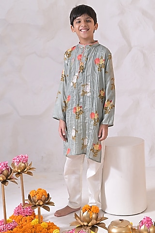Green Muslin Silk Floral Kurta Set For Boys by The Plum Bum