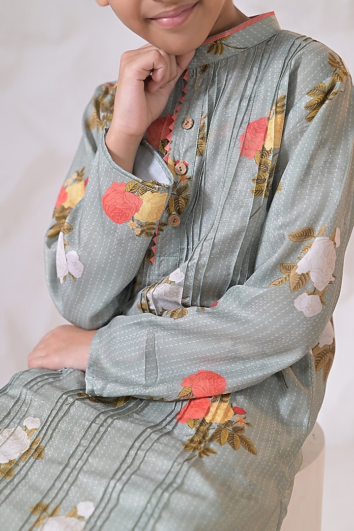 Green Muslin Silk Floral Kurta Set For Boys by The Plum Bum at Pernia's Pop Up Shop