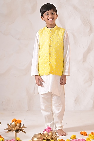 Yellow Chanderi Threadwork Nehru Jacket Set For Boys by The Plum Bum