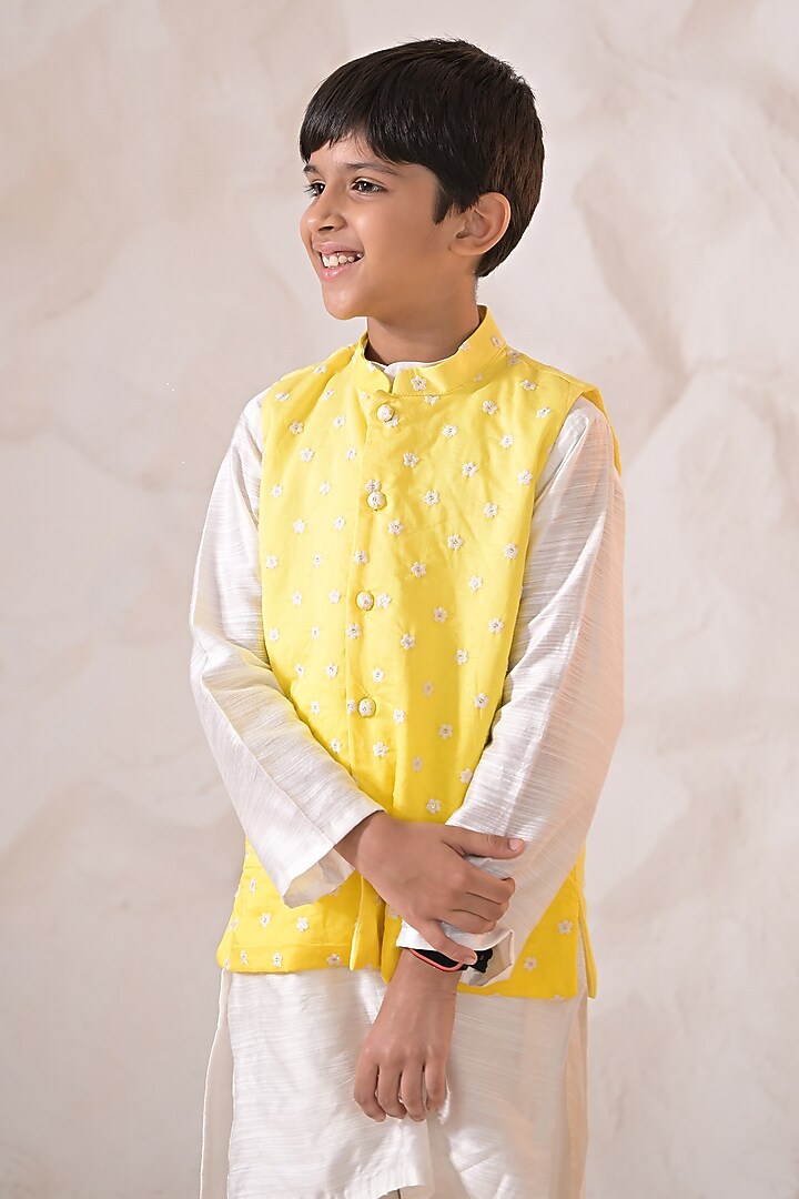 Yellow Chanderi Threadwork Nehru Jacket Set For Boys by The Plum Bum at Pernia's Pop Up Shop