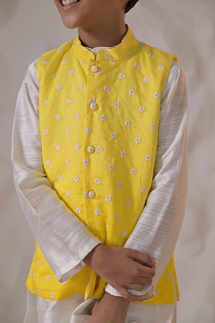 Yellow Chanderi Threadwork Nehru Jacket Set For Boys by The Plum Bum at Pernia's Pop Up Shop