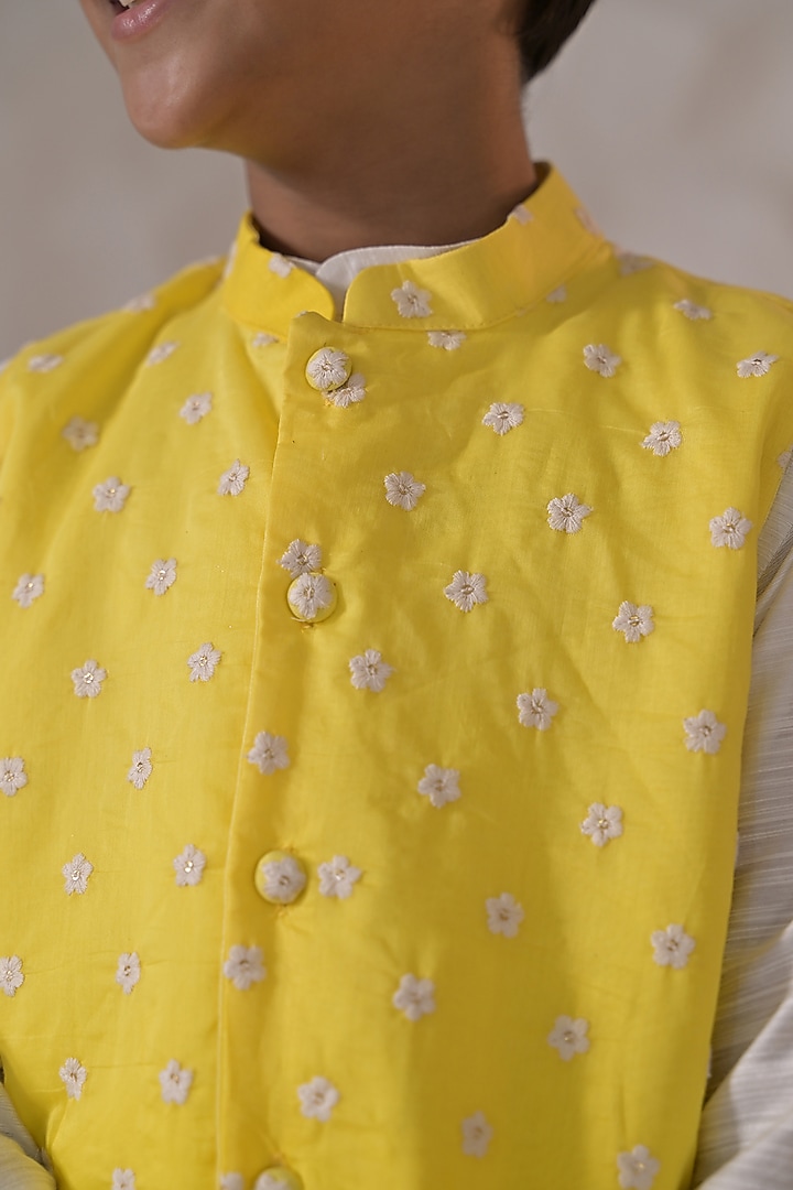 Yellow Chanderi Threadwork Nehru Jacket Set For Boys by The Plum Bum at Pernia's Pop Up Shop