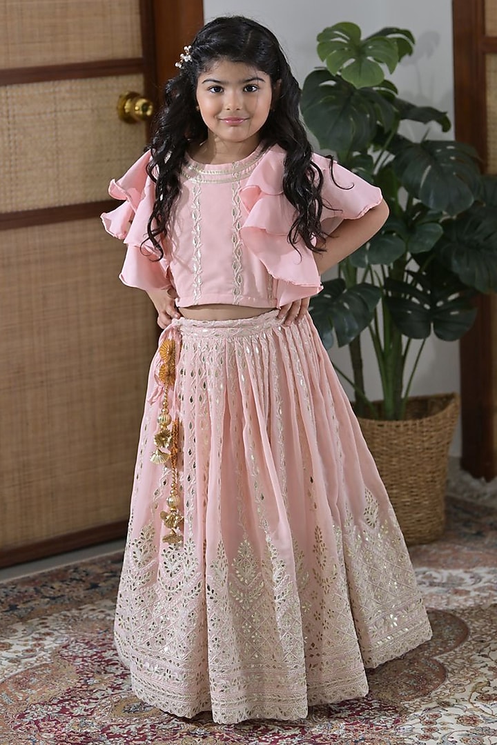 Pink Georgette Gota Patti Embroidered Lehenga Set For Girls by The Plum Bum at Pernia's Pop Up Shop