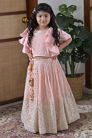 Pink Georgette Gota Patti Embroidered Lehenga Set For Girls by The Plum Bum