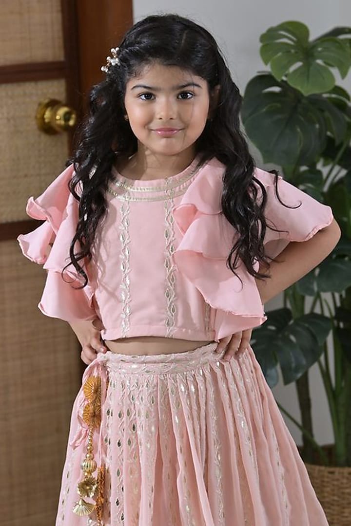 Pink Georgette Gota Patti Embroidered Lehenga Set For Girls by The Plum Bum at Pernia's Pop Up Shop