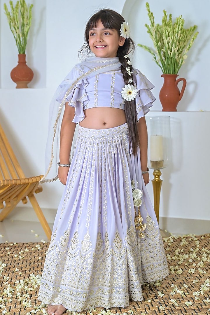Purple Georgette Gota Patti Embroidered Lehenga Set For Girls by The Plum Bum at Pernia's Pop Up Shop