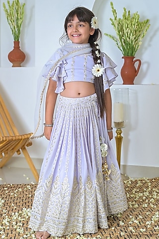 Purple Georgette Gota Patti Embroidered Lehenga Set For Girls by The Plum Bum