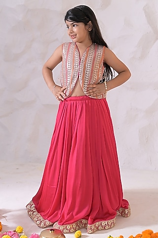 Fuchsia Pink Georgette Lehenga Set For Girls by The Plum Bum