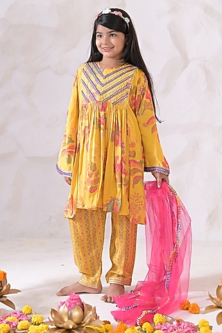 Yellow Satin Linen Floral Kurta Set For Girls by The Plum Bum