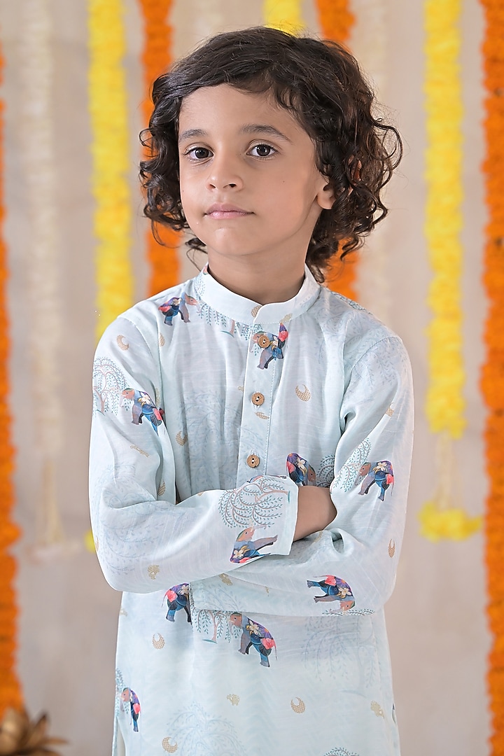 Blue Linen Satin Kurta Set For Boys by The Plum Bum at Pernia's Pop Up Shop