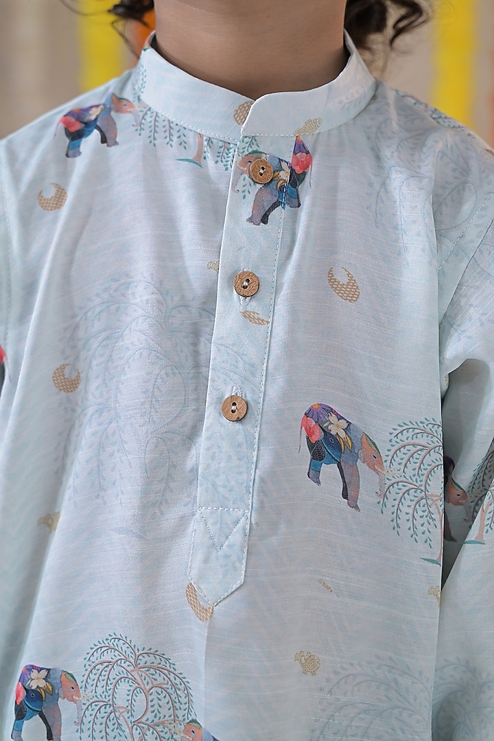 Blue Linen Satin Kurta Set For Boys by The Plum Bum at Pernia's Pop Up Shop