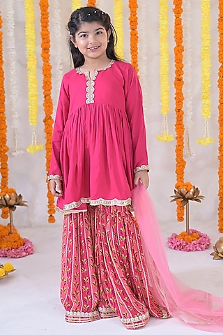 Fuchsia Pink Muslin Sharara Set For Girls by The Plum Bum