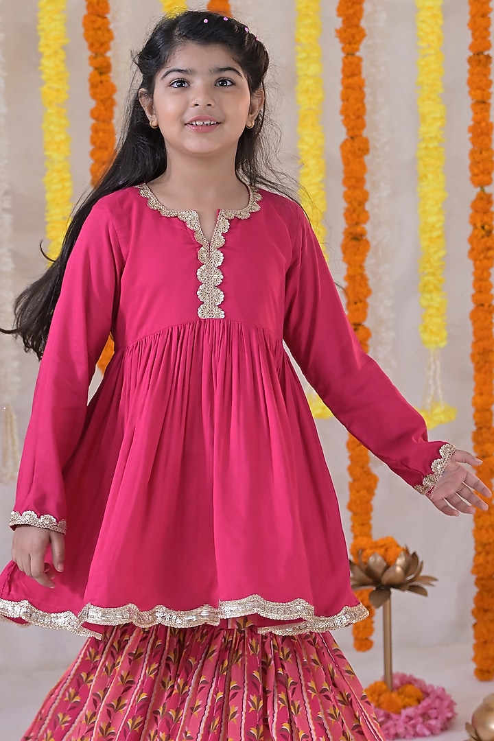 Fuchsia Pink Muslin Sharara Set For Girls by The Plum Bum at Pernia's Pop Up Shop
