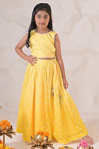 Yellow Chanderi Pearl Embroidered Lehenga Set For Girls by The Plum Bum