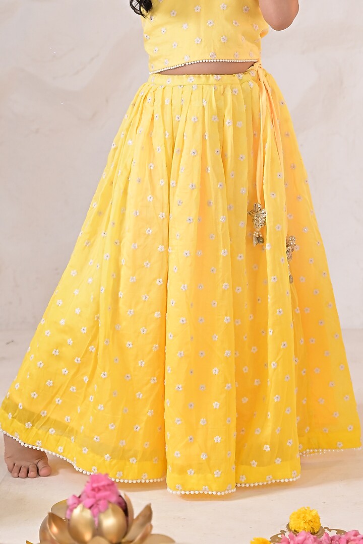 Yellow Chanderi Pearl Embroidered Lehenga Set For Girls by The Plum Bum at Pernia's Pop Up Shop