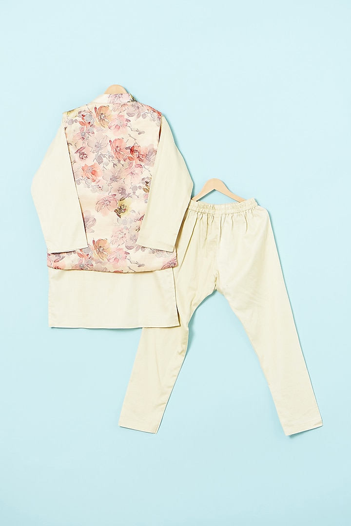 Ivory Satin Linen & Glace Cotton Nehru Jacket Set For Boys by The Plum Bum