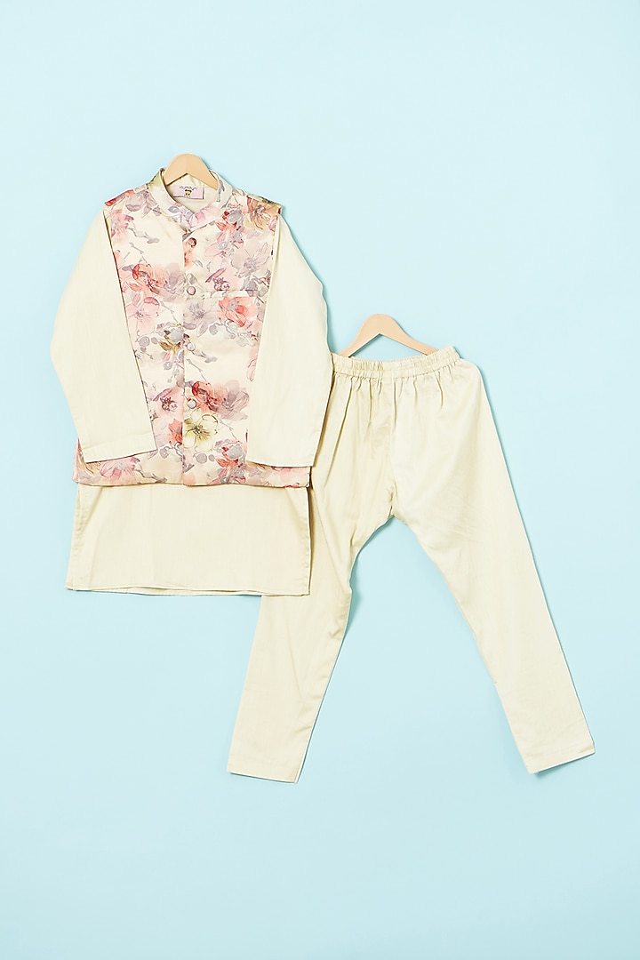 Ivory Satin Linen & Glace Cotton Nehru Jacket Set For Boys by The Plum Bum at Pernia's Pop Up Shop