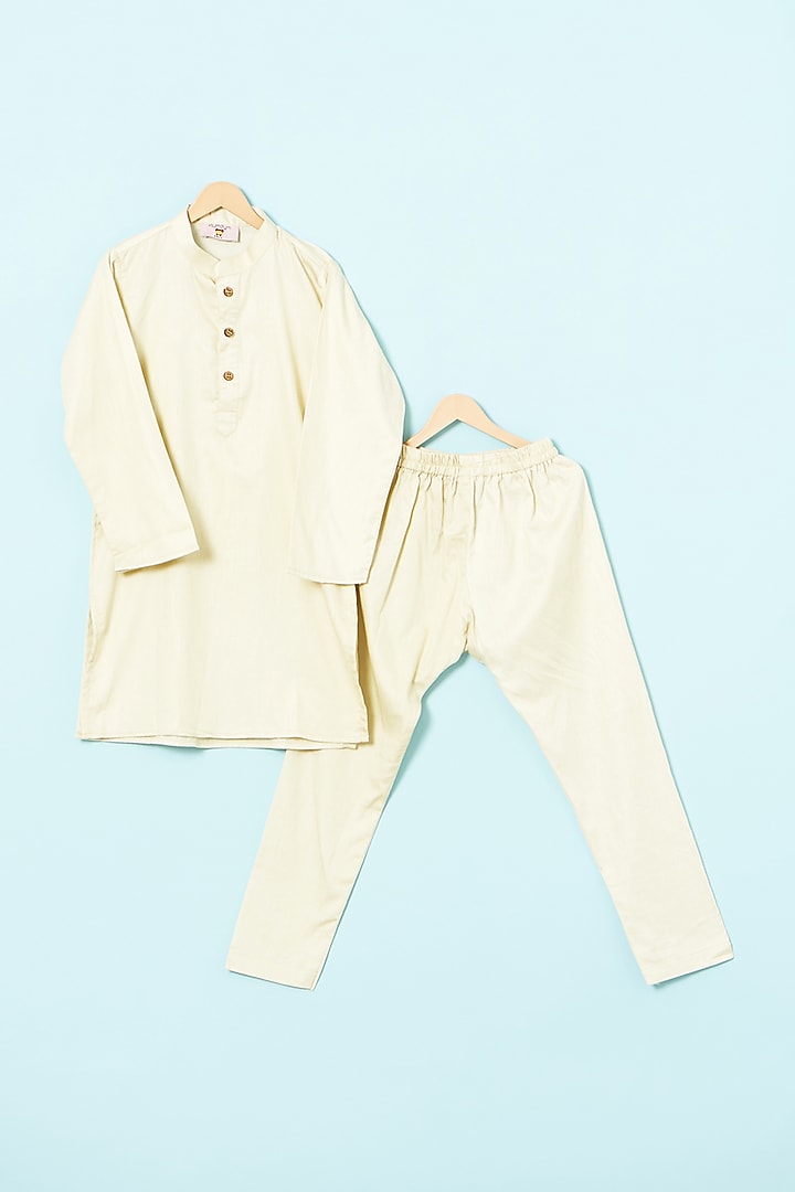 Ivory Satin Linen & Glace Cotton Nehru Jacket Set For Boys by The Plum Bum at Pernia's Pop Up Shop