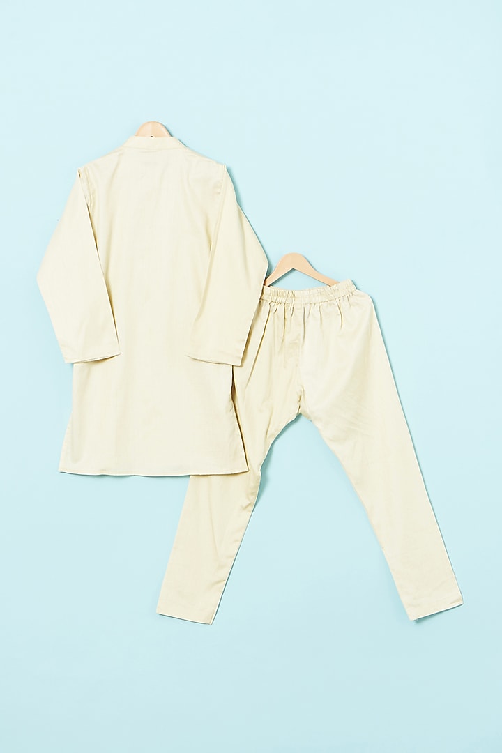 Ivory Satin Linen & Glace Cotton Nehru Jacket Set For Boys by The Plum Bum at Pernia's Pop Up Shop