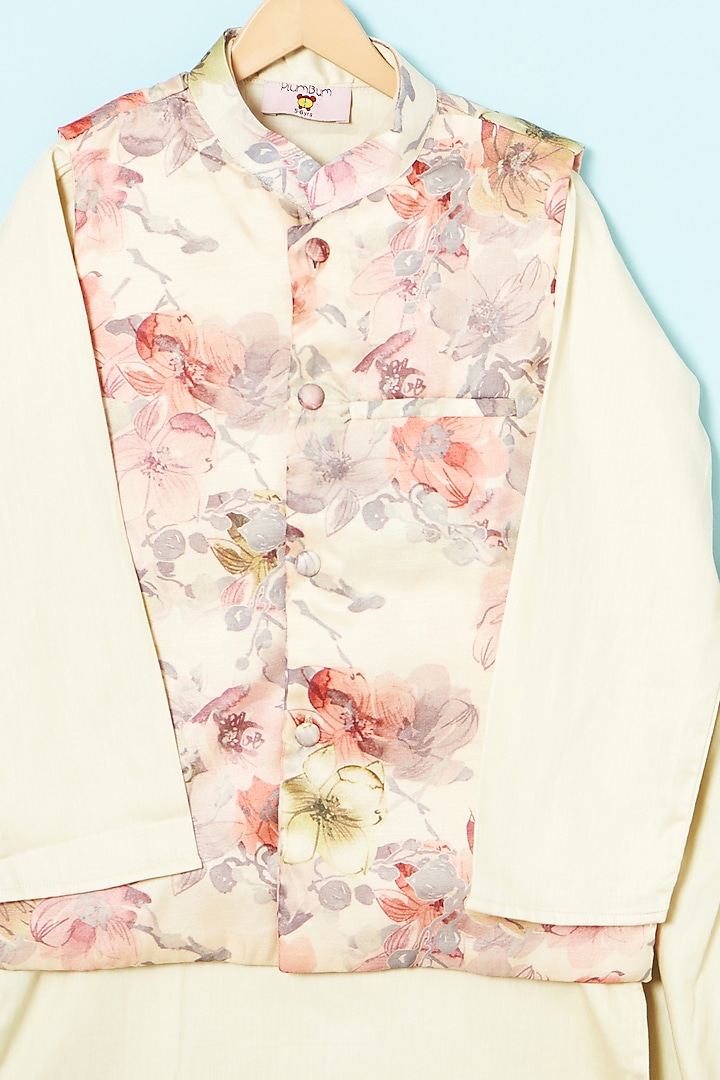 Ivory Satin Linen & Glace Cotton Nehru Jacket Set For Boys by The Plum Bum at Pernia's Pop Up Shop