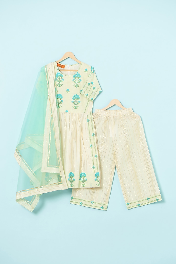 White Cotton Lurex Long Kurta Set For Girls by The Plum Bum at Pernia's Pop Up Shop