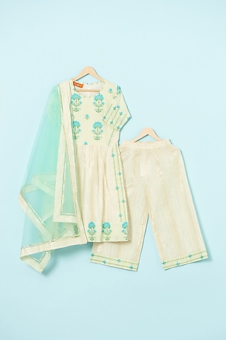 White Cotton Lurex Long Kurta Set For Girls by The Plum Bum
