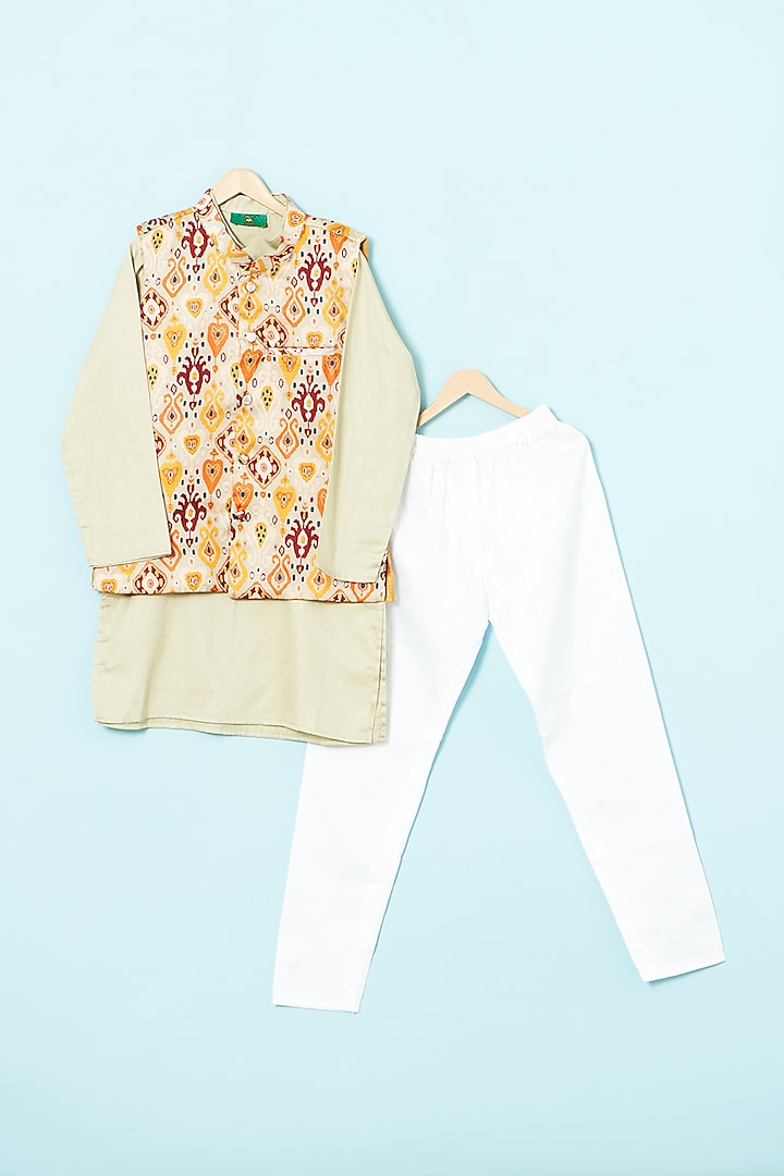 Ivory Linen Satin Abstract Printed Nehru Jacket Set For Boys by The Plum Bum