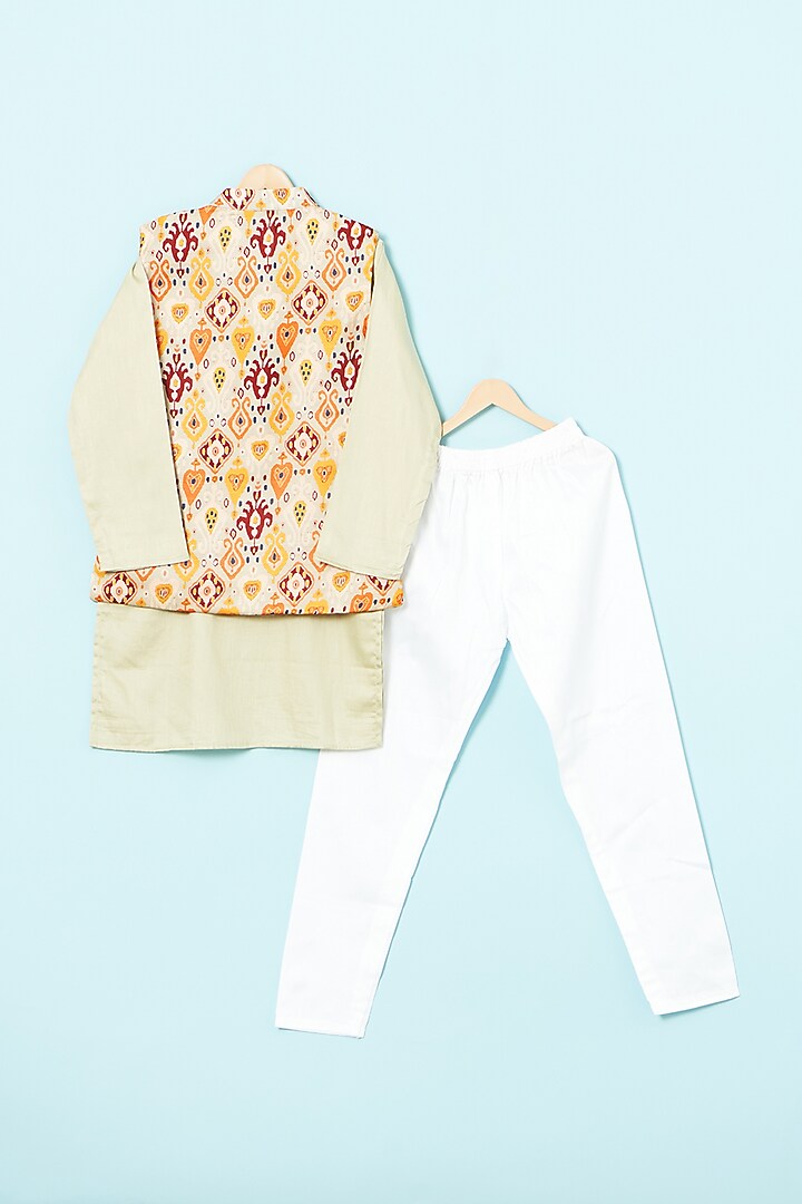 Ivory Linen Satin Abstract Printed Nehru Jacket Set For Boys by The Plum Bum at Pernia's Pop Up Shop