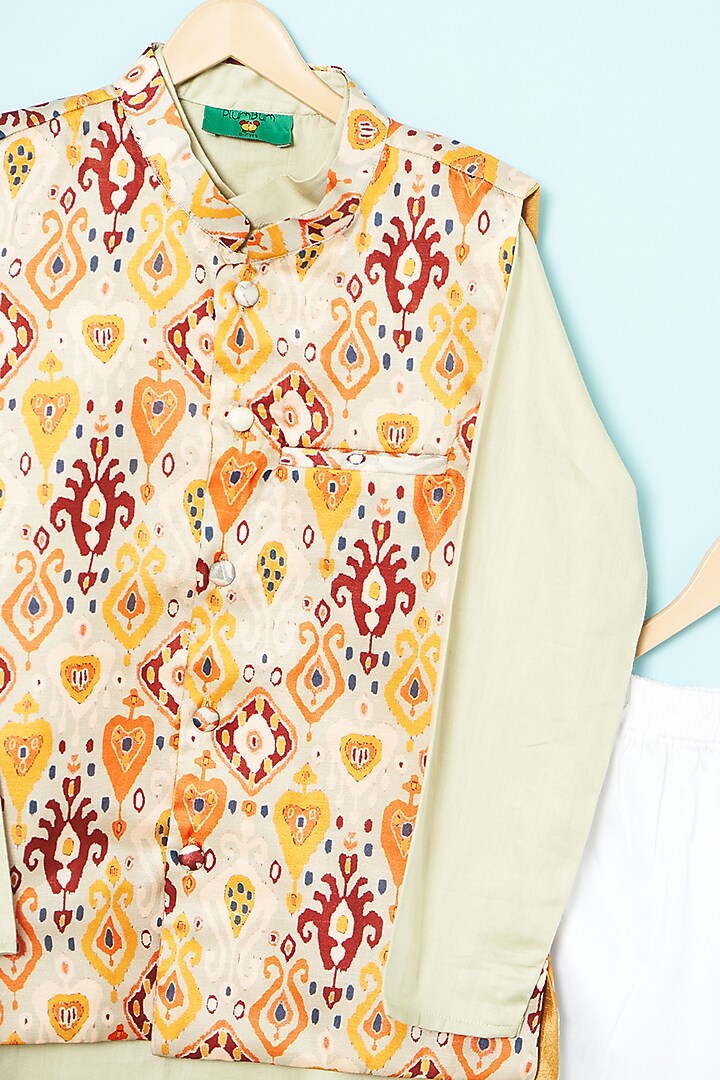 Ivory Linen Satin Abstract Printed Nehru Jacket Set For Boys by The Plum Bum at Pernia's Pop Up Shop