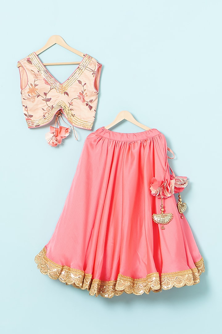Peachy Pink Satin Chiffon & Net Lehenga Set For Girls by The Plum Bum at Pernia's Pop Up Shop