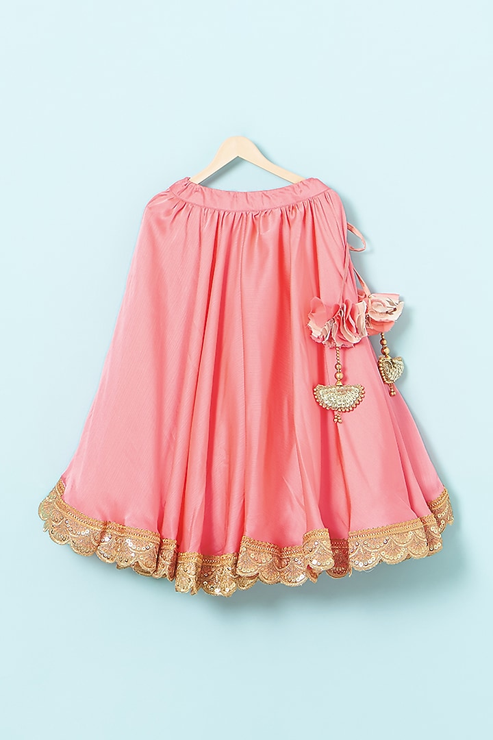 Peachy Pink Satin Chiffon & Net Lehenga Set For Girls by The Plum Bum at Pernia's Pop Up Shop