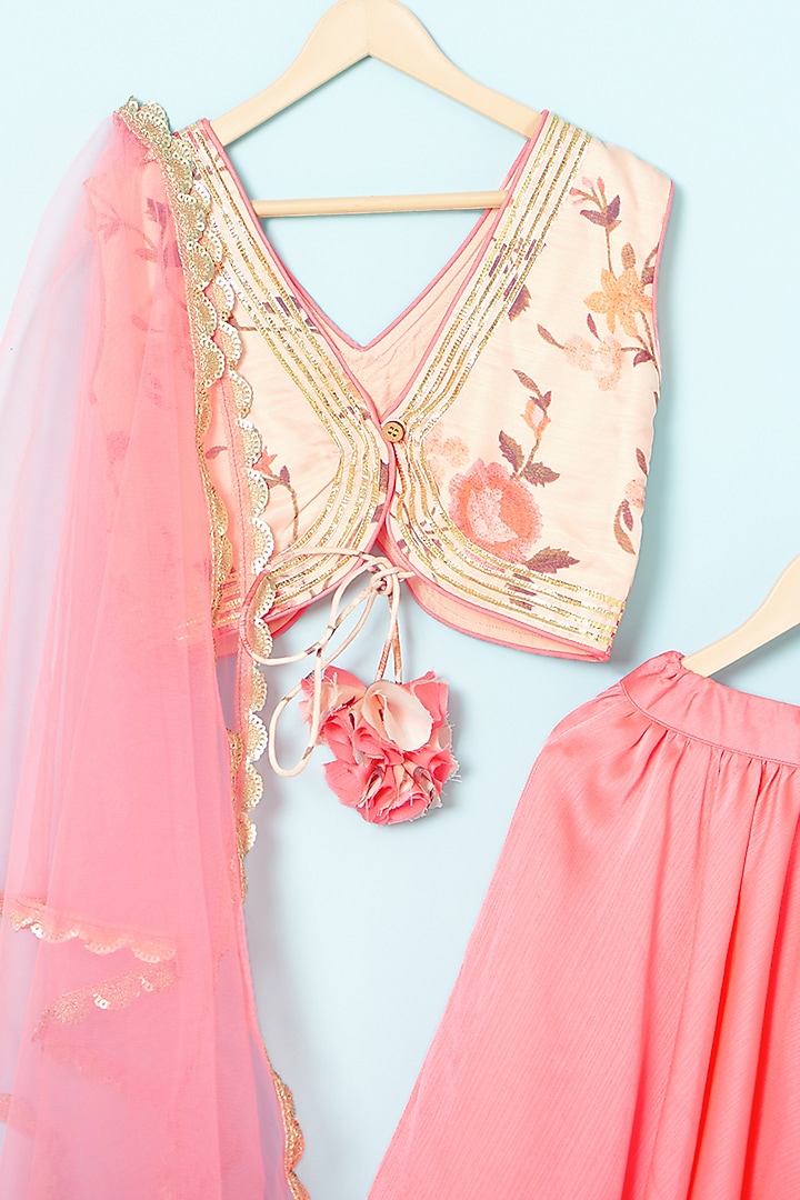 Peachy Pink Satin Chiffon & Net Lehenga Set For Girls by The Plum Bum at Pernia's Pop Up Shop