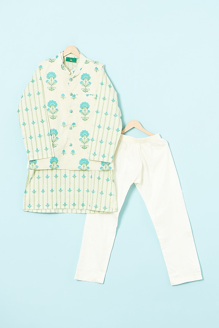 Ivory & Teal Green Cotton Nehru Jacket Set For Boys by The Plum Bum