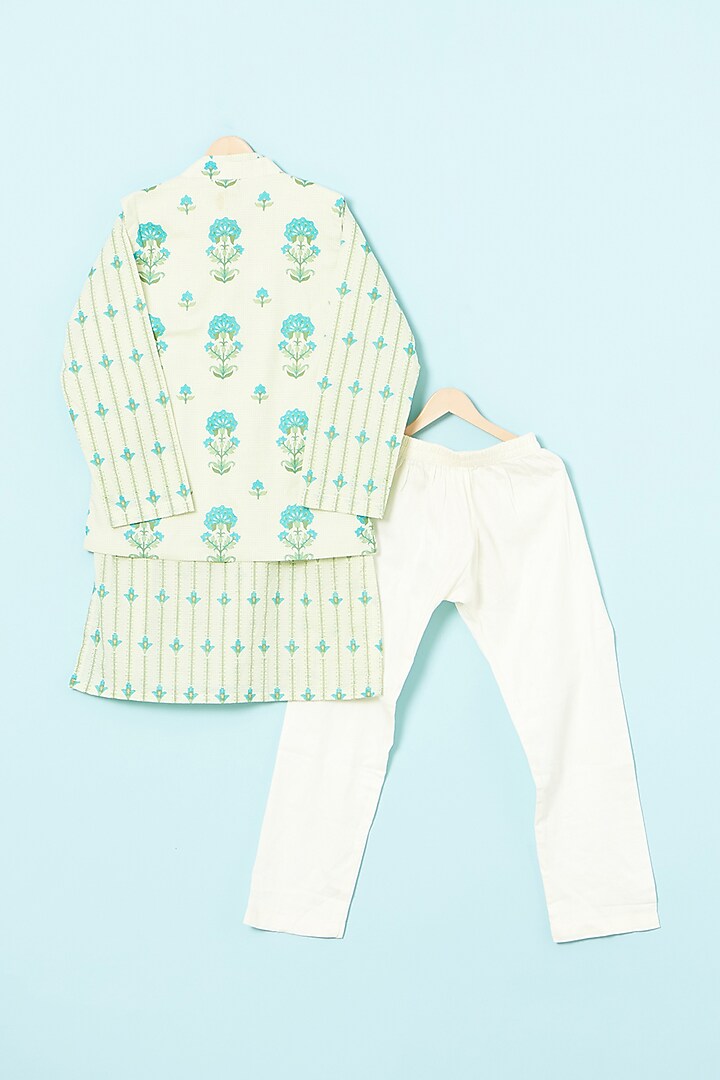Ivory & Teal Green Cotton Nehru Jacket Set For Boys by The Plum Bum at Pernia's Pop Up Shop