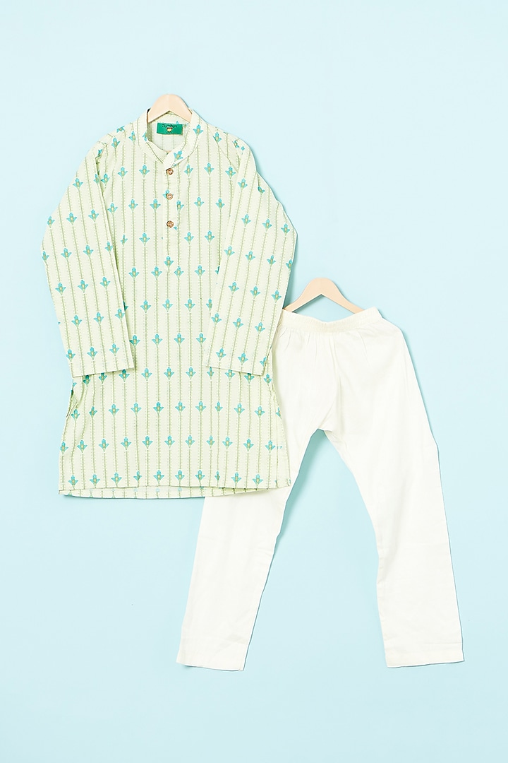 Ivory & Teal Green Cotton Nehru Jacket Set For Boys by The Plum Bum at Pernia's Pop Up Shop