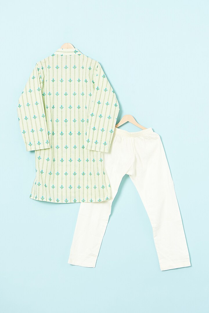 Ivory & Teal Green Cotton Nehru Jacket Set For Boys by The Plum Bum at Pernia's Pop Up Shop